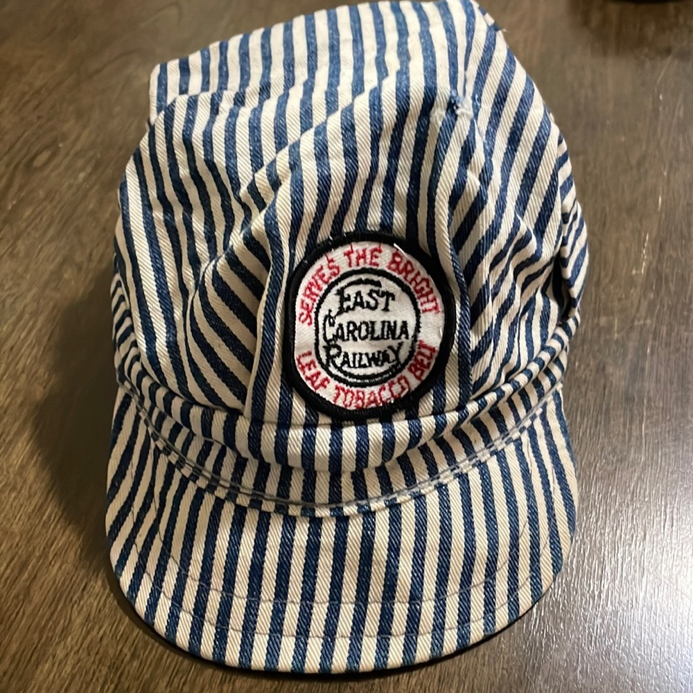 Kid’s Train Engineer Conductor Cap Hat Blue Striped Railroad vintage